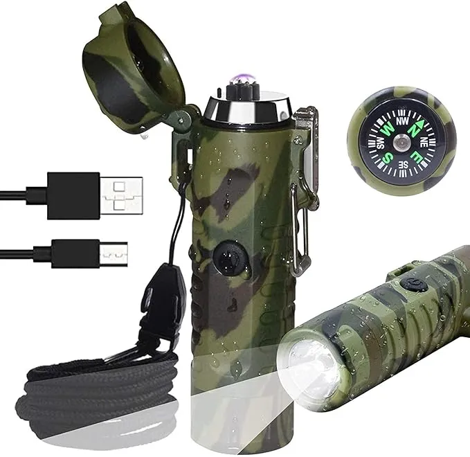 3 in 1 Waterproof Rechargeable Electric Lighter with Flashlight & Compass