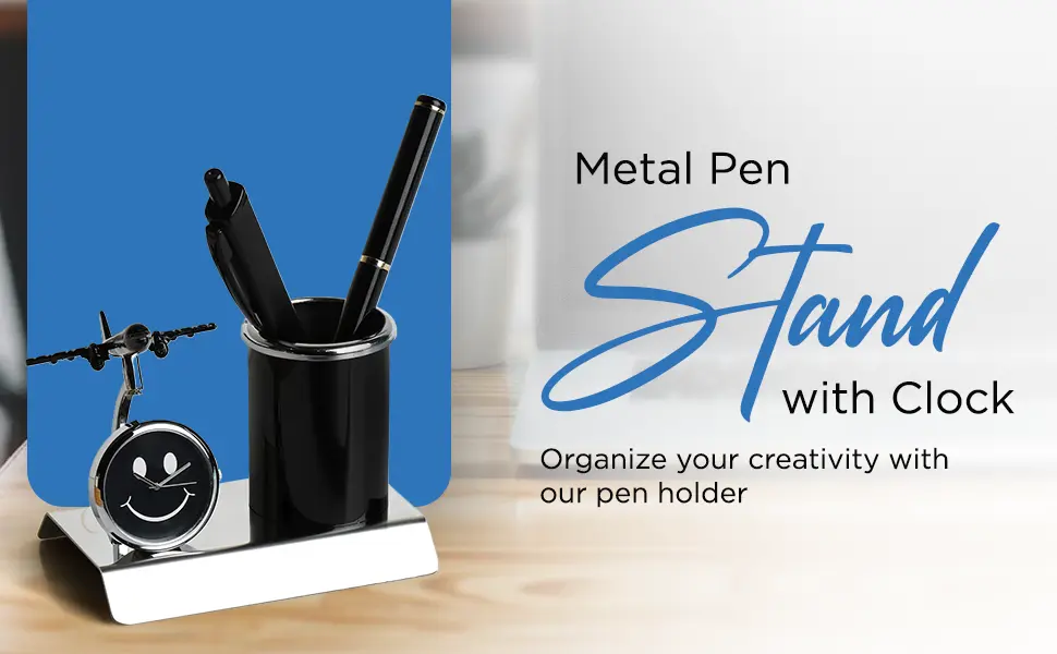 Aeroplane Miniature Metal Pen Stand with Clock